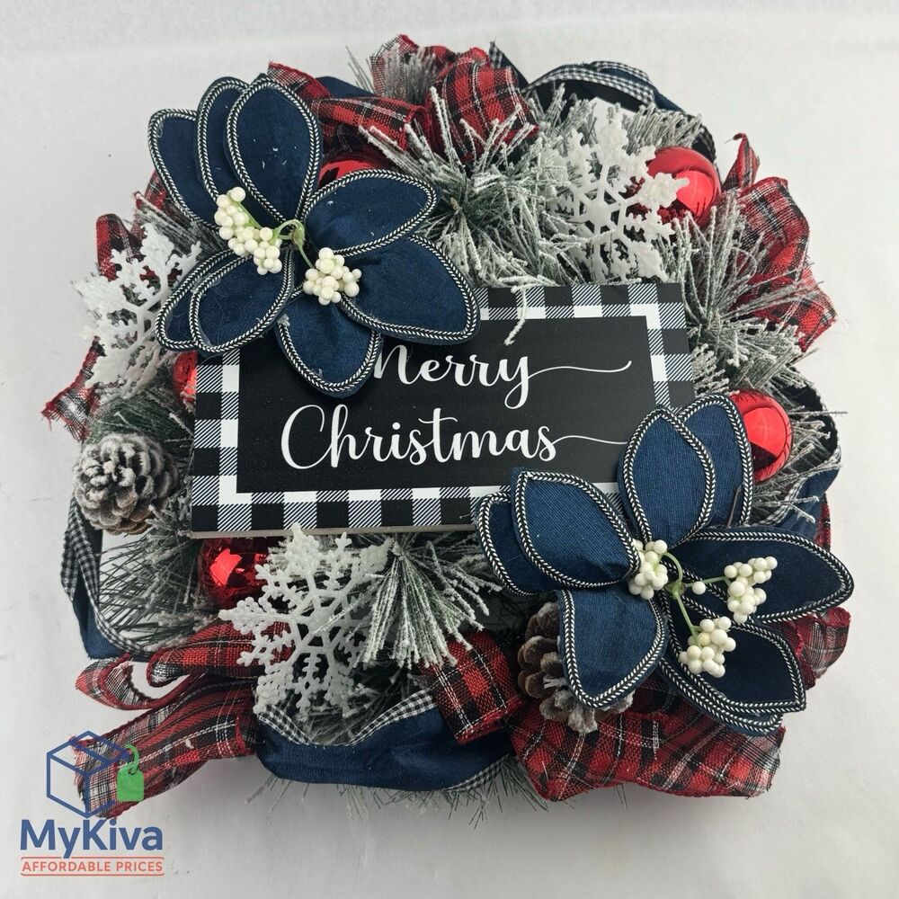 Christmas Wreath Front Door Decor 18 Inch Artificial Flowers Plaid Ribbon Sign